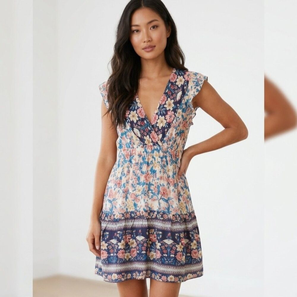YesFashion NWT Boho Floral Patchwork V-Neck Mini Dress Ruffle Sleeve - Size L